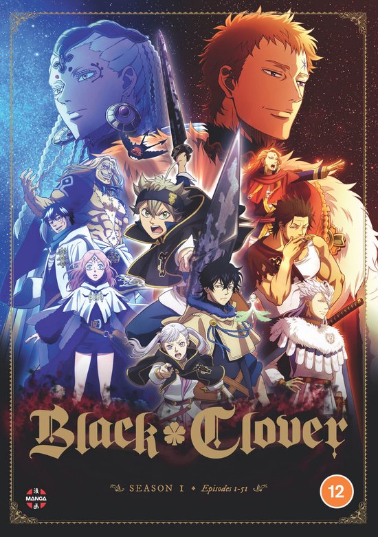 Black Clover Seizoen 1 dvd cover met anime personages, waaronder Asta, Yuno en Noelle.