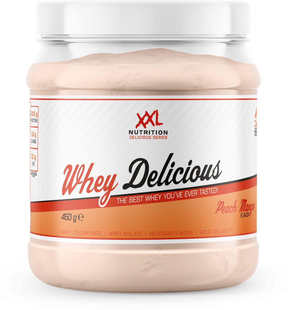 Goedkoopste XXL Nutrition - Whey Delicious - 80 Eiwit - Perzik Mango - Wei Eiwitpoeder met BCAA & Glutamine, Proteine Poeder, Eiwit shake, Whey Protein - Diverse Smaken - 450 gram (15 shakes