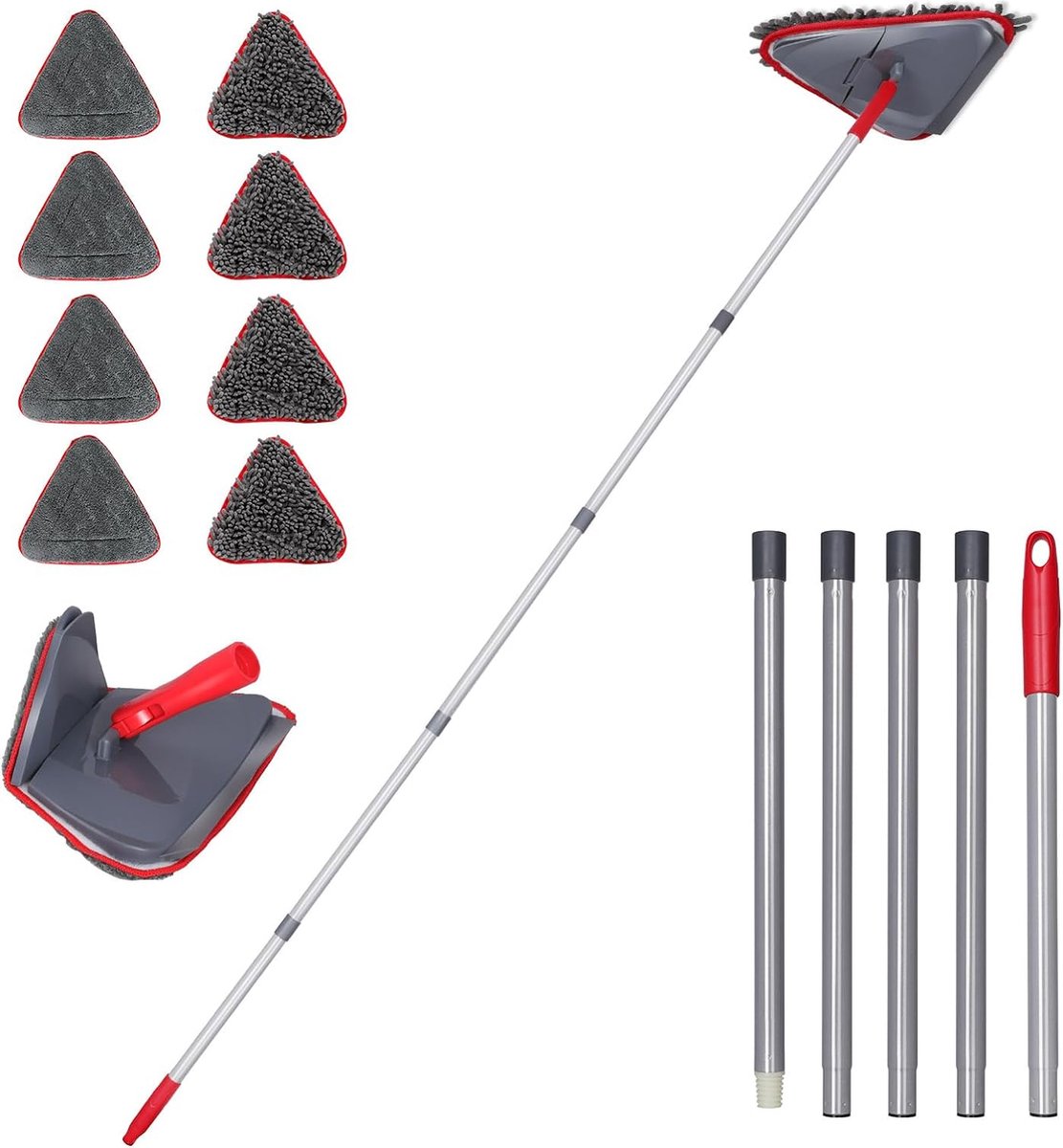 Goedkoopste Telescopische driehoekige mop, 360° driehoekige plafondbezem met 203 cm lange steel & 8 moppen, vlakke vloermop voor droge en natte vloerreiniging - rood grijs