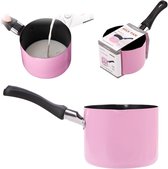 Mini-kookpot met handvat, 550 ml, 10 cm, kleine melkpan, boterwarmer met antiaanbaklaag, mini-soeppan, melksmeltpan met twee schenktuiten (roze)