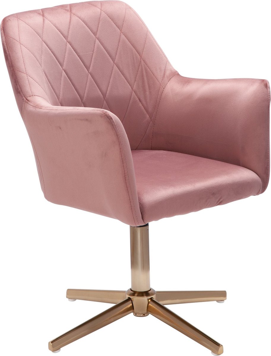 Draaistoel - Bureaustoel - Fluwelen bekleding - Gevoerde armleuningen - 360° rotatie - Gouden onderstel - 80-97cm x 55cm x 55cm - Roze - 120kg capaciteit