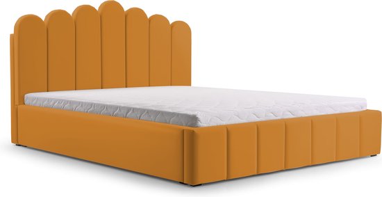 Tweepersoonsbed met fluwelen bekleding, met hoofdeinde, lattenbodem, bed voor volwassenen - BETT 03 - 140x200 - Donker geel (TRINITY 26)