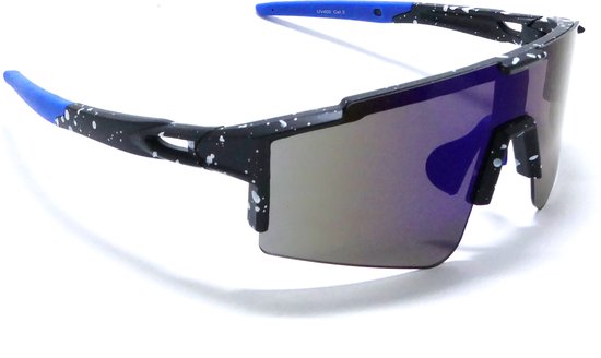 Stelvio Blue- Matt Zwart Sportbril met UV400 Bescherming - Unisex & Universeel - Sportbril - Zonnebril voor Heren en Dames - Fietsaccessoires