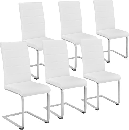 tectake® - Eetkamerstoel set van 6 - Kunstleren stoel met ergonomische rugleuning - Buisframe sledestoel - wit