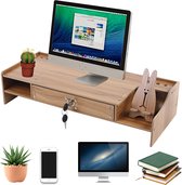 Houten monitor standaard - laptop standaard - Bureau organizer - Monitor standaard - Inclusief lade - Met slot - 48 x 20 x 10.5 cm - Met accessoires
