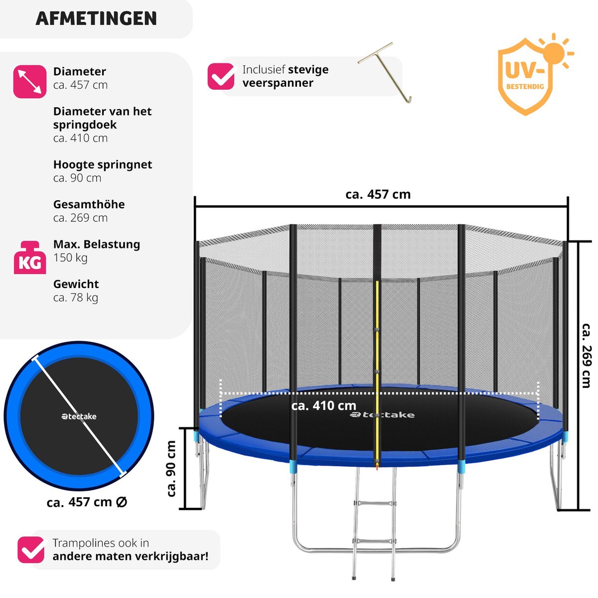 tectake® Trampoline - Ø457 cm - TÜV-geteste Kindertrampoline met Veiligheidsnet - Buitenspeelgoed - Sporttrampoline - Speeltoestel voor in de Tuin — afbeelding 12