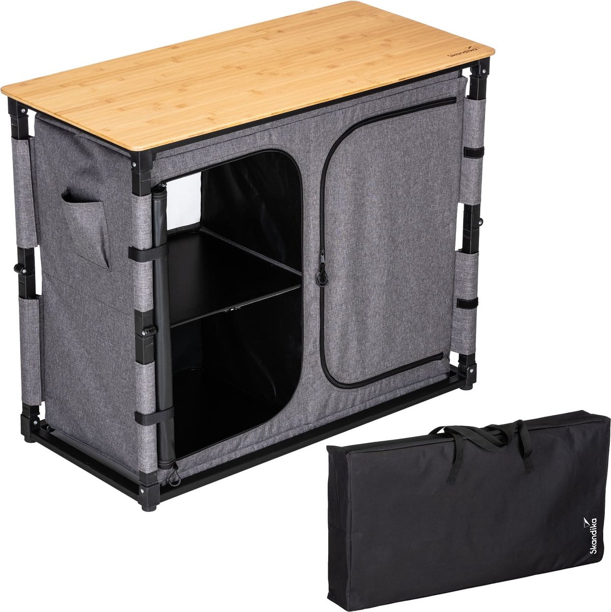 Skandika campingkast Triabo - Bamboe werkblad, opvouwbare outdoor kast, 4 vakken met vaste legplanken, onderverdeeld, draagtas, campingkeuken | campingaccessoires, outdoor keuken, tent