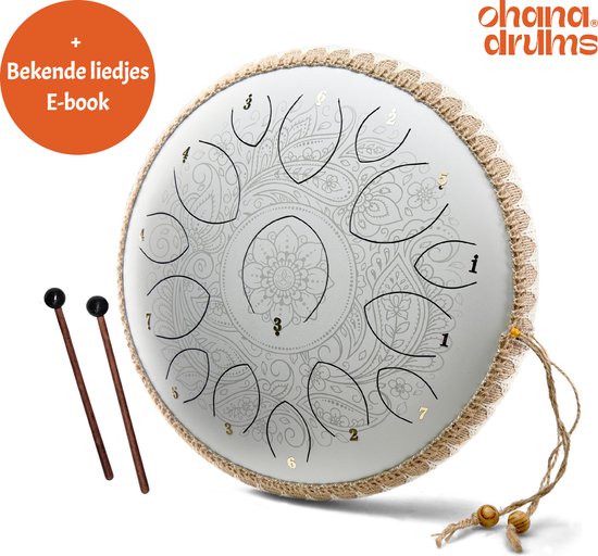 Ohana Drums® Handpan 36 cm Bloesem Wit - Tongue drum - Klankschaal - 15 noten - Handpan - Tong Drum - Klankschalen - Yoga Drum - Lotus Tong - Steeldrum - Muziekinstrument voor kinderen - Mindfulness muziektherapie Percussie-instrumenten van Ohana Drums — afbeelding 3