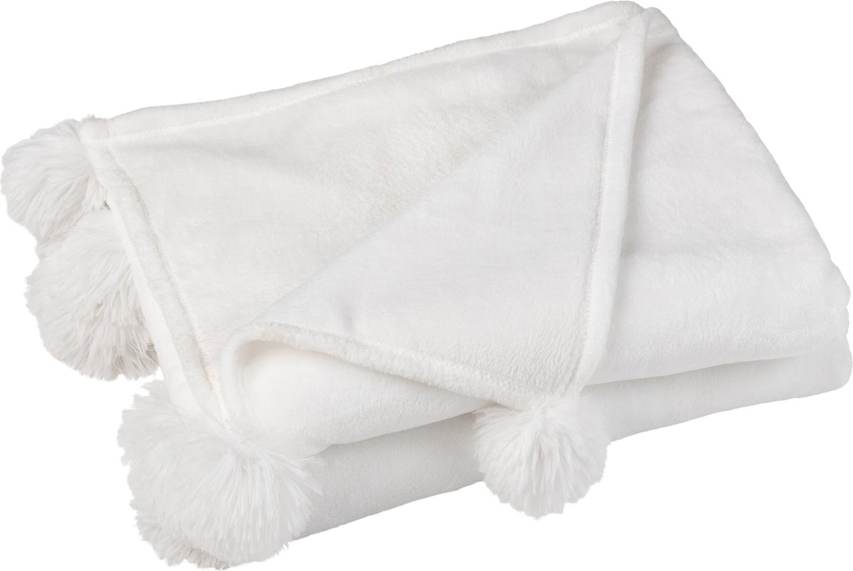 J-Line plaid Pompom - polyester - wit - 170 x 130 cm