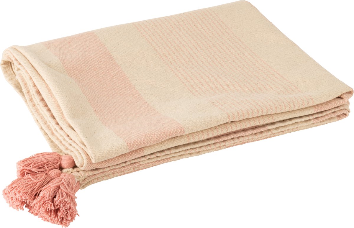 J-Line plaid Mik - katoen - wit/roze - 130 x 180 cm
