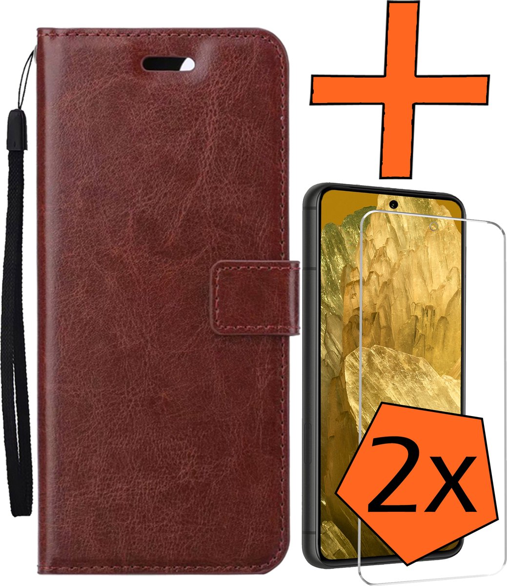 Hoes - Met 2x Screenprotector - Geschikt voor Google Pixel 8a - Luxe Pasjeshouder - Bookcase Portemonee - Flip Case - Kunstleer Book Case - Flipcase Hoes - Book Cover - Walletcase - PortemonneeHoes - Bruin