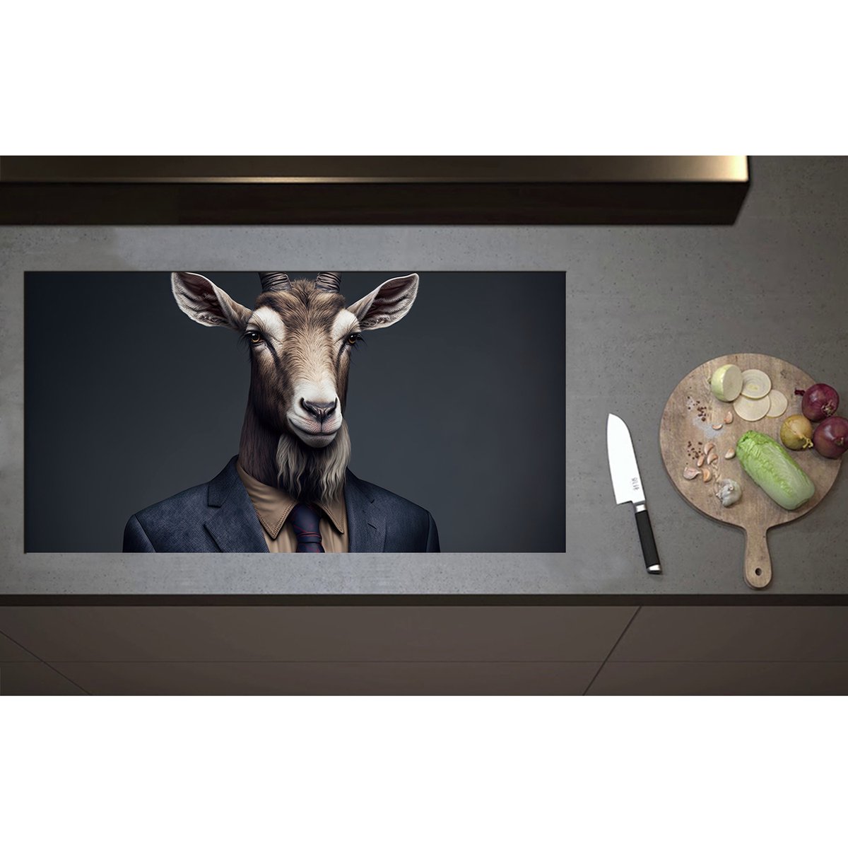 Inductieplaat Beschermer - Bok met Sik en Horens in Zakelijk Pak met Stropdas - 95x50 cm - 2 mm Dik - Inductie Beschermer - Bescherming Inductiekookplaat - Kookplaat Beschermer van Wit Vinyl