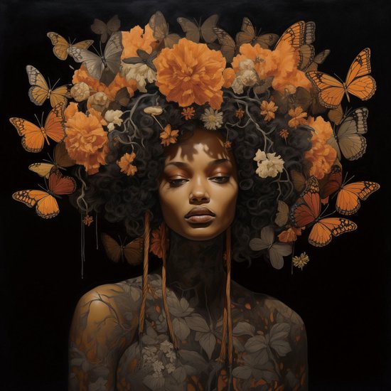 Glasschilderij 80x80x0.4 Woman with orange butterflies and flowers