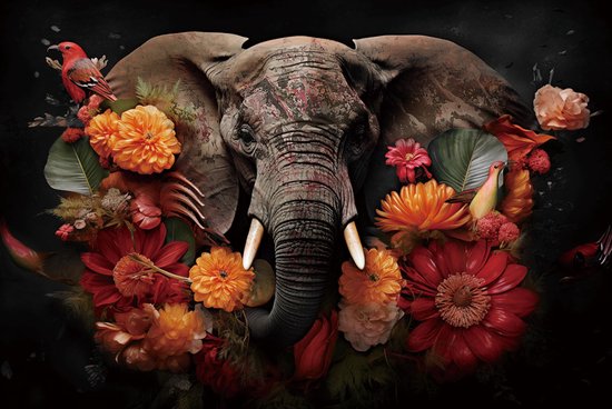 Glasschilderij 120x80x0.4 Floral Elephant