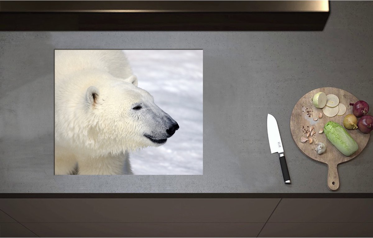 Inductieplaat Beschermer - Blije IJsbeer in de Sneeuw - 60x51 cm - 2 mm Dik - Inductie Beschermer - Bescherming Inductiekookplaat - Kookplaat Beschermer van Zwart Vinyl