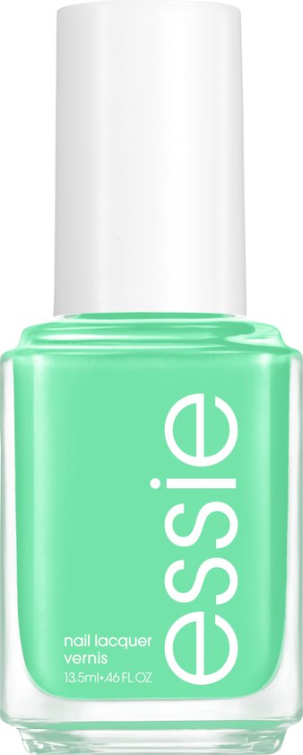 Glazen flesje Essie nagellak in een heldere, lichtgroene kleur met een witte dop.
