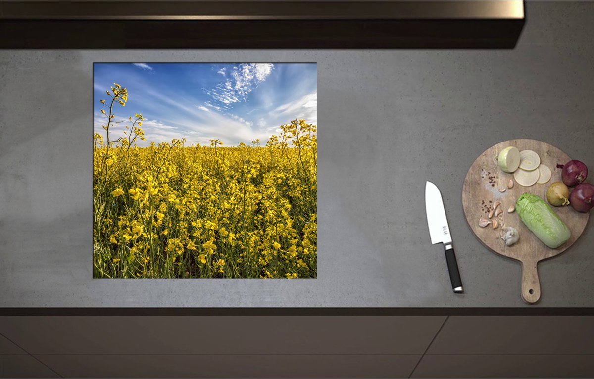 Inductieplaat Beschermer - Bloeiende Gele Bloemen op een Mooie Lentedag - 57x55 cm - 2 mm Dik - Inductie Beschermer - Bescherming Inductiekookplaat - Kookplaat Beschermer van Zwart Vinyl