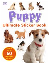 Boek 'Puppy Ultimate Sticker Book' met afbeeldingen van verschillende puppy's en de tekst 'more than 60 reusable stickers'.