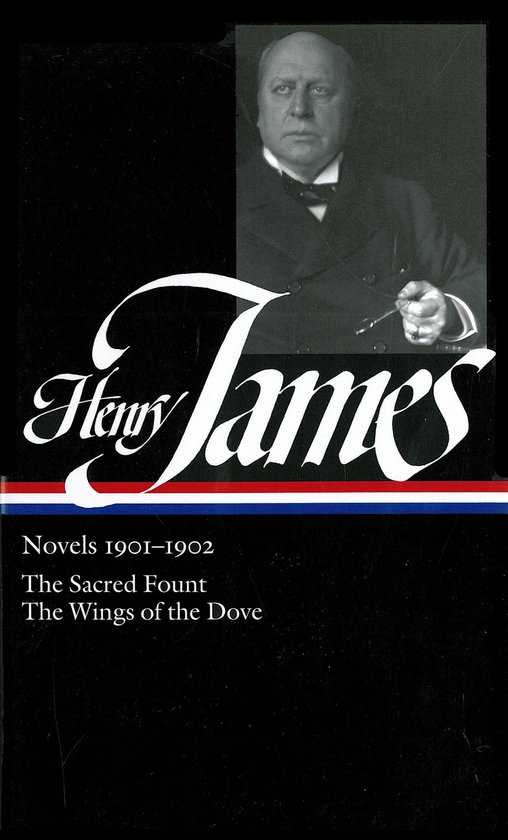 Boekomslag met portret van Henry James en tekst: Novels 1901-1902, The Sacred Fount, The Wings of the Dove.