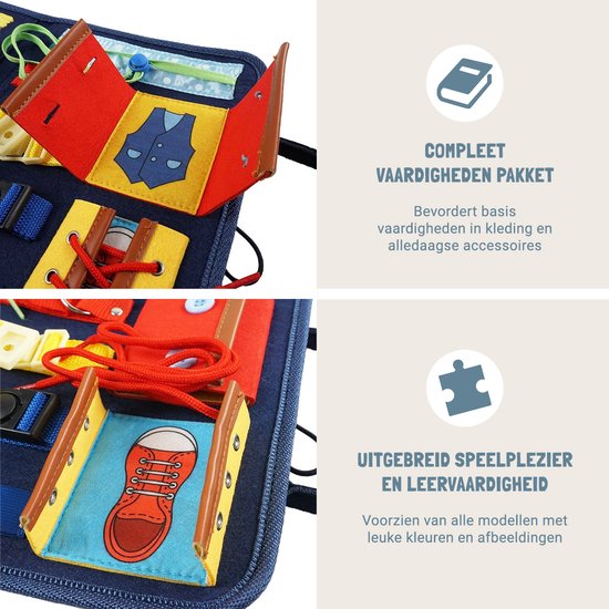 Blauwe stoffen busy board met gele, rode en blauwe onderdelen: rits, gespen, schoenveter en knopen. Met tekst 'Compleet vaardigheden pakket'.