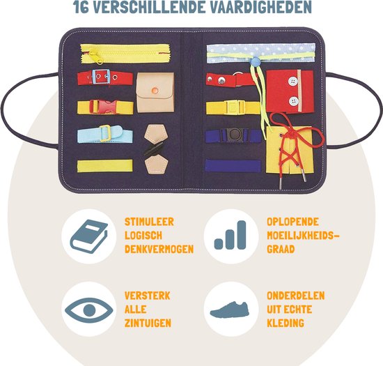 Blauwe busy board met 16 activiteiten: rits, gespen, knopen, veters. Met tekst '16 verschillende vaardigheden'.