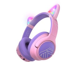 foto van PowerLocus Bobo - Draadloze Koptelefoon voor Kinderen - Bluetooth koptelefoon - 74/85/94dB Volumebegrenzing - Katten Oortjes - Led Verlichting - Paars/Roze