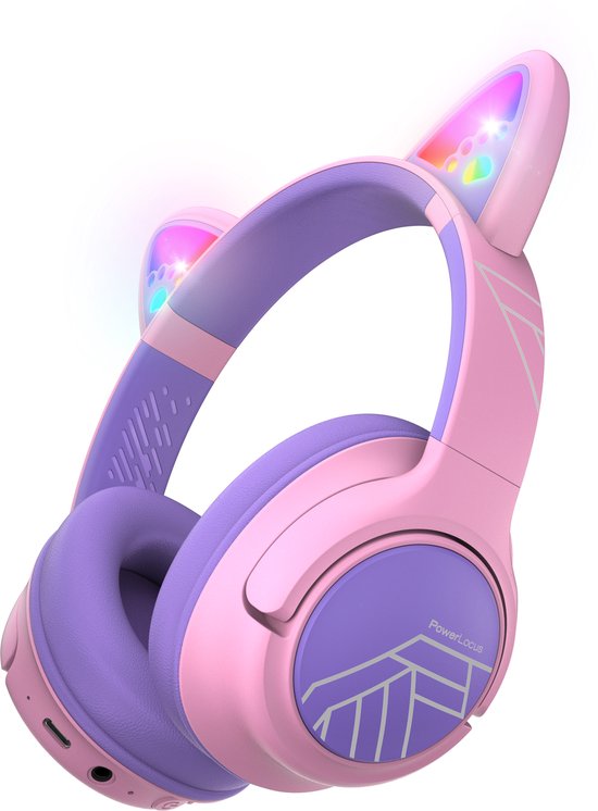 PowerLocus Bobo - Draadloze Koptelefoon voor Kinderen - Bluetooth koptelefoon - 74/85/94dB Volumebegrenzing - Katten Oortjes - Led Verlichting - Paars/Roze