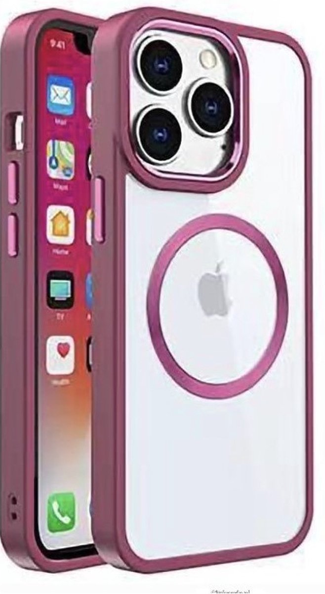 Cityhoesje-geschikt voor iPhone 15 Pro – Transparant - Magsafe - Rood - Backcover