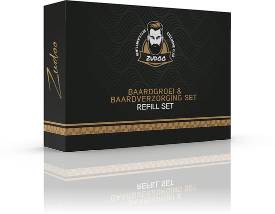 Zwarte verpakking voor een baardgroei & baardverzorging refill set, met gouden golvende lijnen en Zudoo logo.