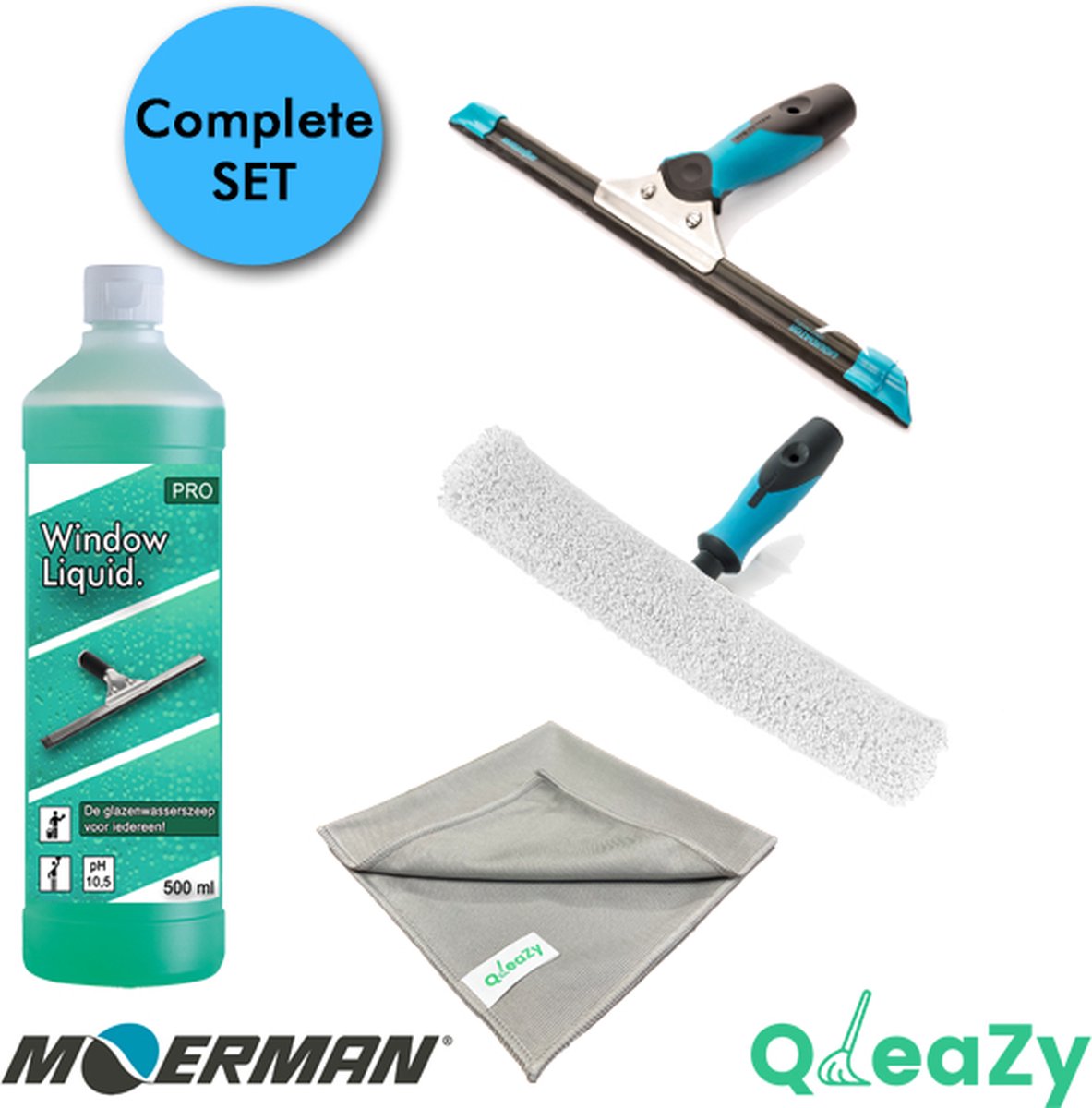 Goedkoopste Glazenwasserset - Moerman Raamwisser Liquidator 3.0 rail 35 cm - Moerman Inwasser 35 cm - Glasdoek - Glasreiniger