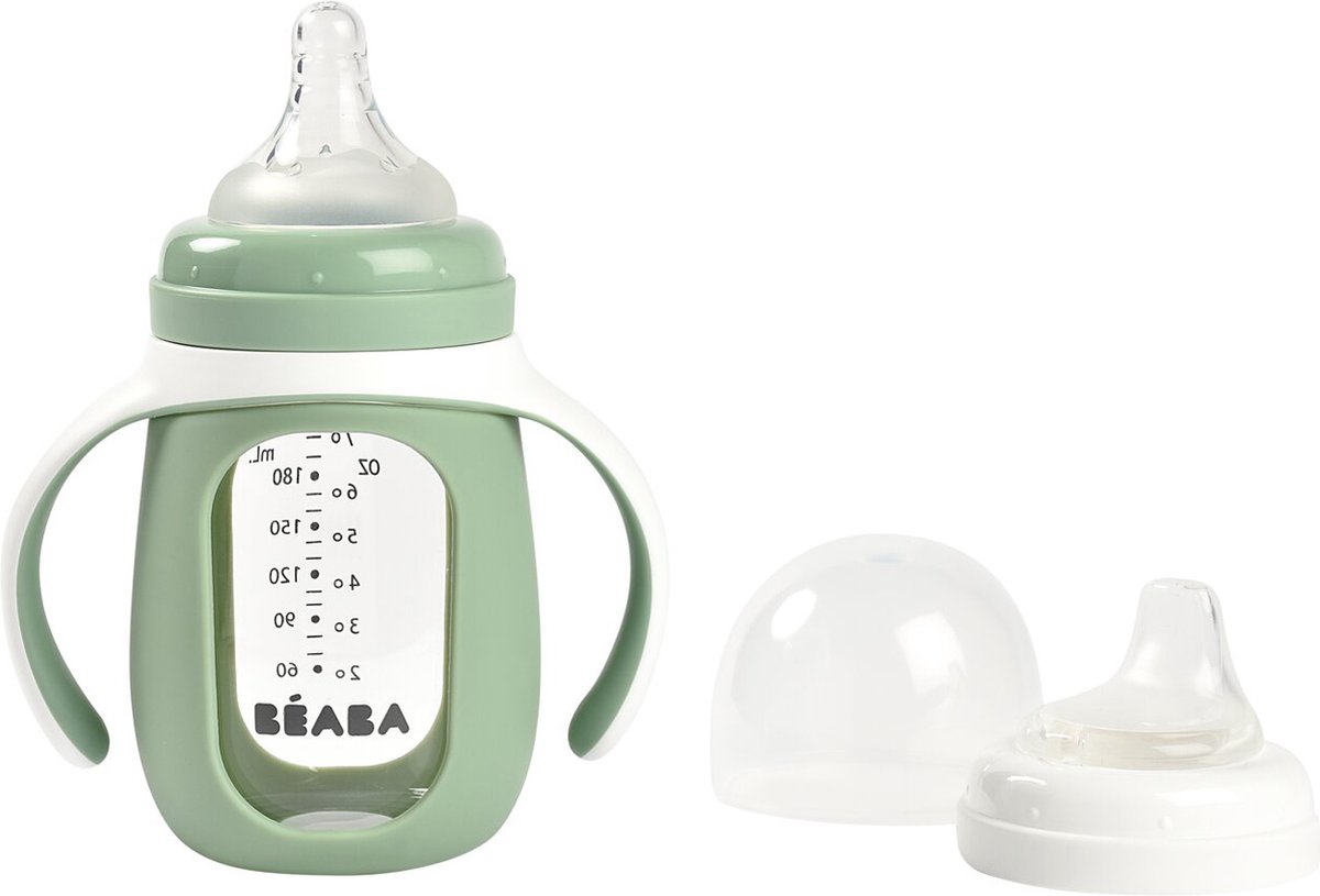 Goedkoopste Béaba Trainingsfles 2-in-1 - Glazen waterfles met siliconen hoes - Groen - 210ml