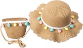 Zomerhoed stro - meisjes - mode - kinderen - zomer - khaki hoed met gekleurde pompons eraan