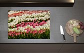 Inductieplaat Beschermer - Bloeiend Bloemenveld van Verschillende Kleuren Bloemen in de Lente - 75x52 cm - 2 mm Dik - Inductie Beschermer - Bescherming Inductiekookplaat - Kookplaat Beschermer van Wit Vinyl