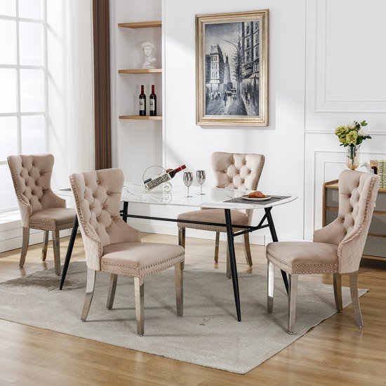Chaise de salle à manger (chaise de cuisine, chaise de salon avec heurtoir de porte unique à l'arrière, 4 pièces), chaise rembourrée avec revêtement clouté, pieds de support en métal, revêtement en velours, beige