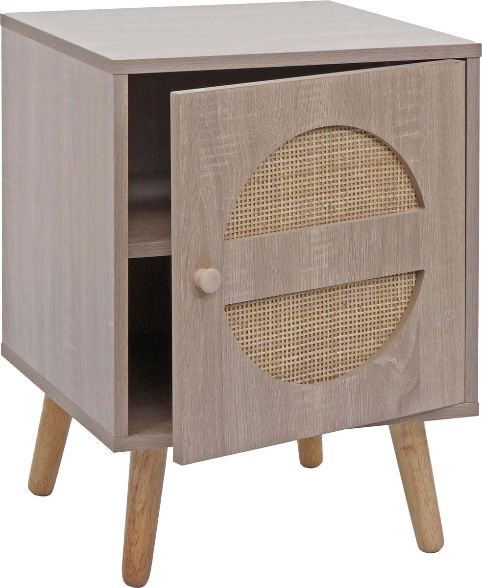 MCW Nachtkastje MCW-M35, salontafel bijzettafel, opbergvakken, Kubu rotan hout melamine, eiken-look 56x40x40cm bruin