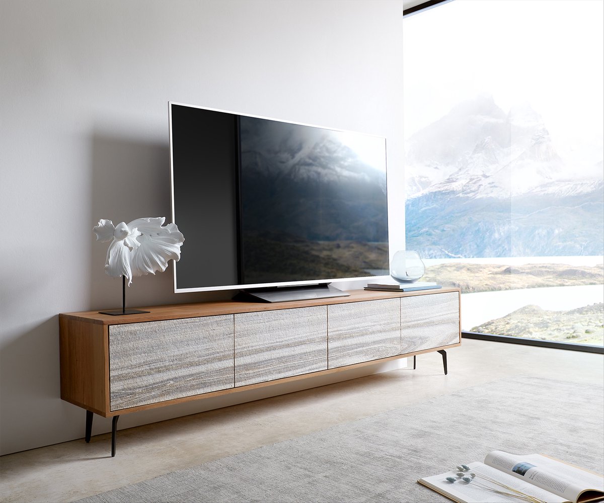 Tv-meubel Kleo acacia natuur 220 cm 4 deurs hoekpoot metaal zwart Lowboard