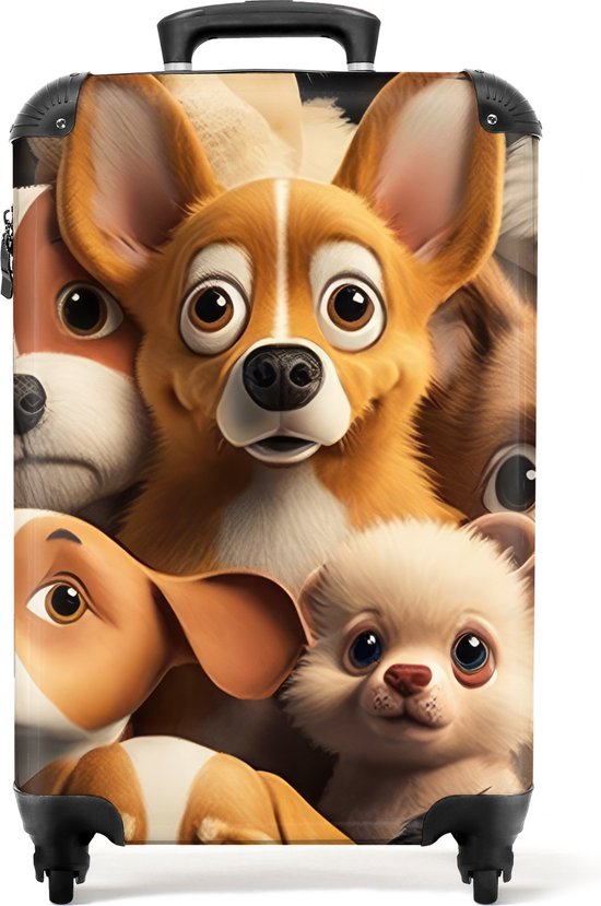 Zwarte koffer met een print van een groep cartoon honden, waaronder een corgi en een chihuahua, met grote ogen.