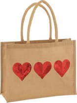 J-Line zak 3 Hartjes Pailletten - jute - naturel/rood - valentijn cadeautje voor haar