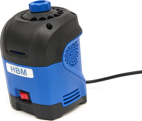 Blauwe en zwarte boorenslijper van HBM machines, met rode aan/uit schakelaar en blauwe draaiknop.
