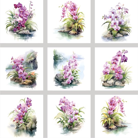 9 stuks 15x15cm tegelstickers bloemen transparant - orchideeen - badkamer, keuken en toilet - zelfklevend - peel and stick - decoratiestickers - plakfolie stickers - backsplash