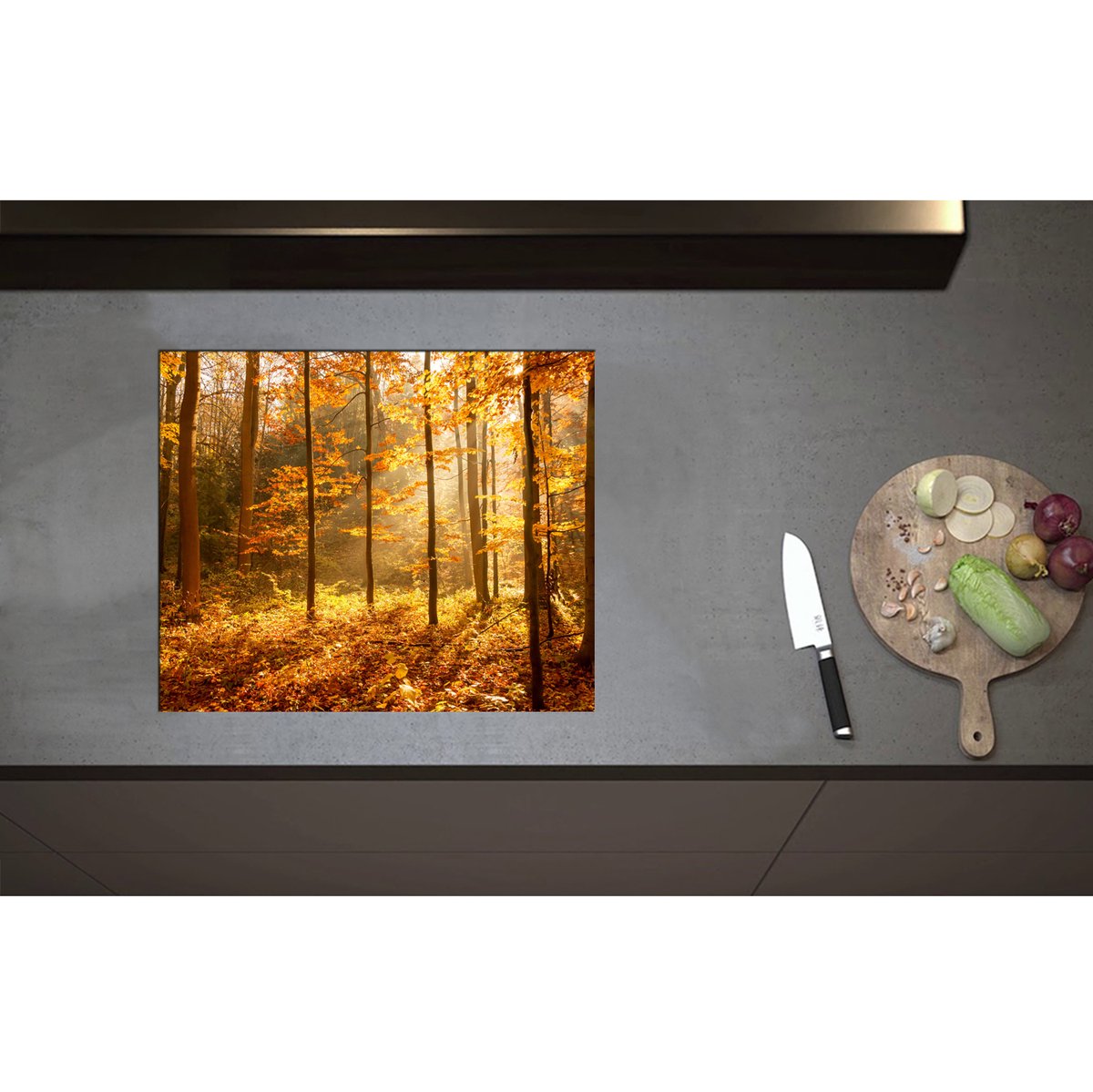 Inductieplaat Beschermer - Bomen in Bos in Oranje Tinten - 60x50 cm - 2 mm Dik - Inductie Beschermer - Bescherming Inductiekookplaat - Kookplaat Beschermer van Wit Vinyl