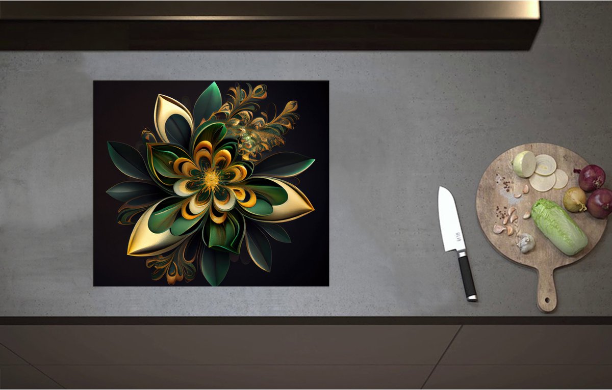 Inductieplaat Beschermer - Bloem in Groen en Goud Tinten - 58x51 cm - 2 mm Dik - Inductie Beschermer - Bescherming Inductiekookplaat - Kookplaat Beschermer van Zwart Vinyl