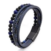 Heren Armband Leer - Blauw met Blauwe Kralen - Armbanden - Cadeau voor Man - Mannen Cadeautjes