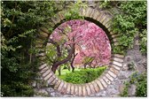 Tuinposter - Doorkijk - Sakura - Bloesem - Stenen - Bloemen - 180x120 cm - Schuttingposter - Tuinposter doorkijk - Tuindoek - Buitenposter