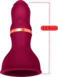 Bordeauxrode vibrator met gouden ring, 13,8 cm lang.