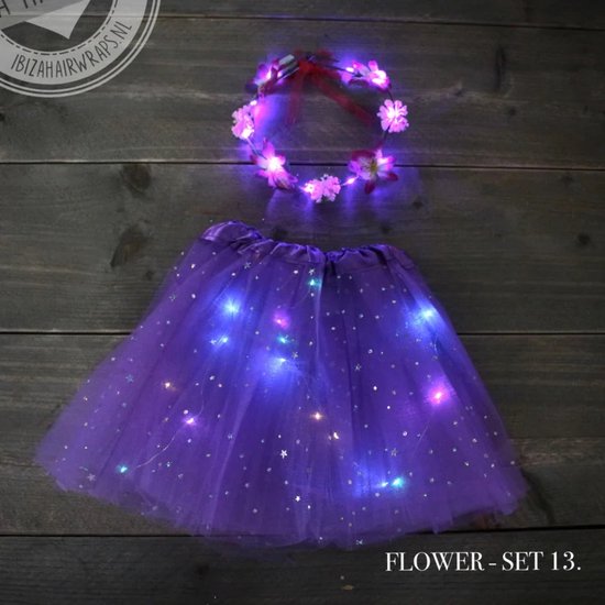 Princess dress ledlight - Tule rokje - haarband bloemen - Lampjes - Paars