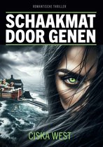Boek 'Schaakmat door genen' met op de voorgrond een vrouw met groene ogen, op de achtergrond een kustplaatsje bij een stormachtige zee.