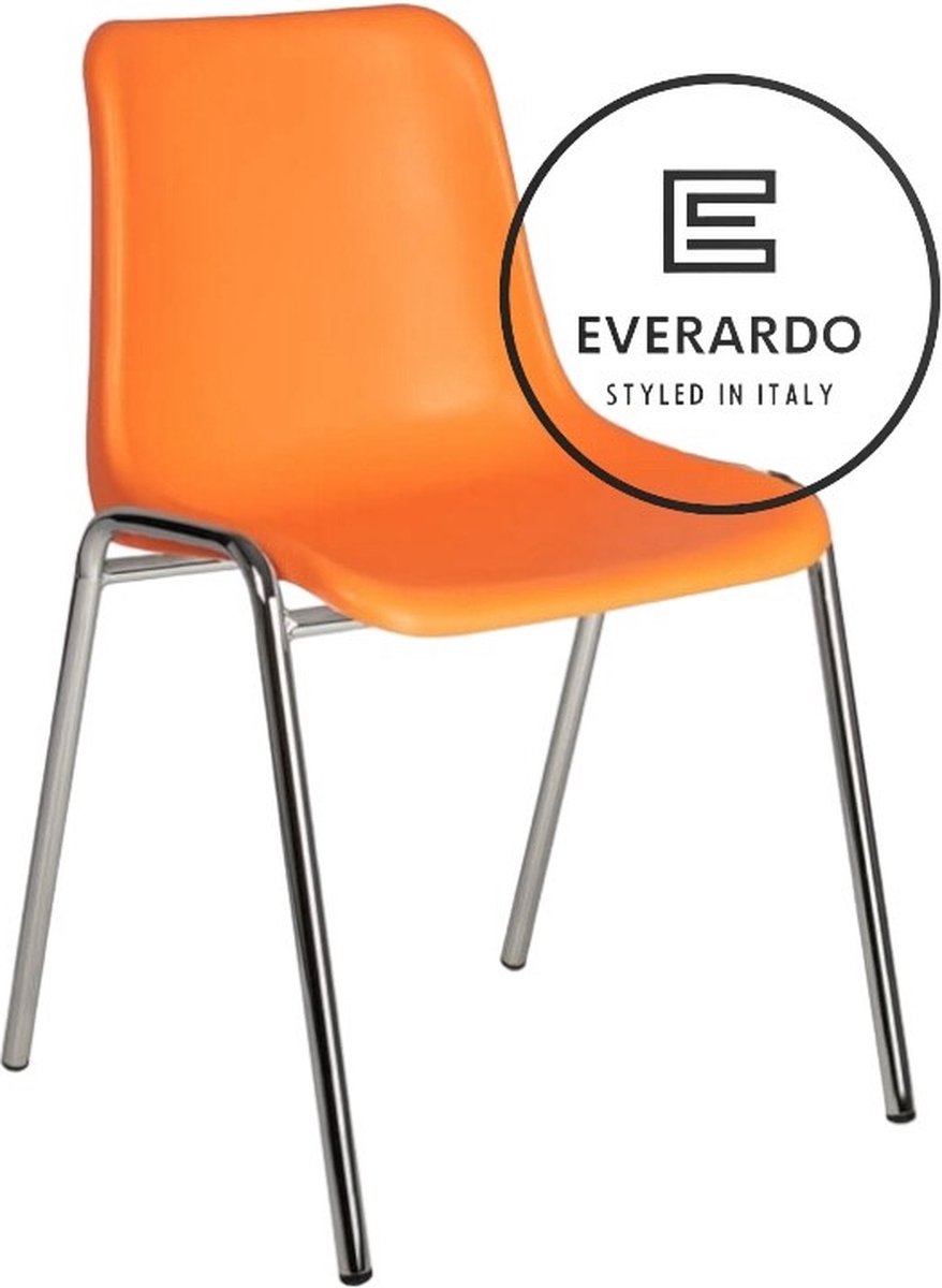 King of Chairs model KoC Everardo oranje met verchroomd onderstel. Kantinestoel stapelstoel kuipstoel vergaderstoel tuinstoel kantine stoel stapel kantinestoelen stapelstoelen kuipstoelen stapelbare keukenstoel Helene eetkamerstoel Oranje zitting met verchroomd onderstel