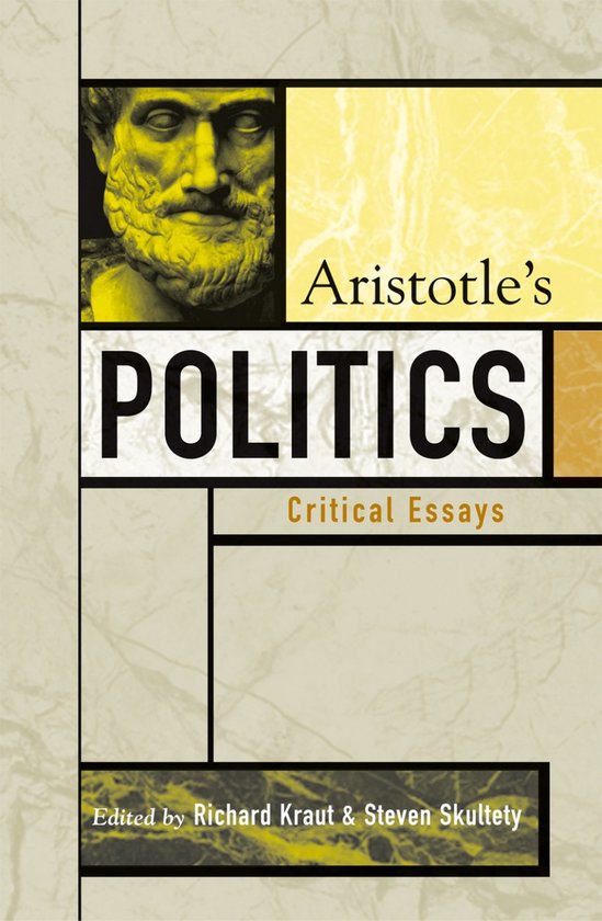 Boek 'Aristotle's Politics: Critical Essays' met een buste van Aristoteles en gele accenten.