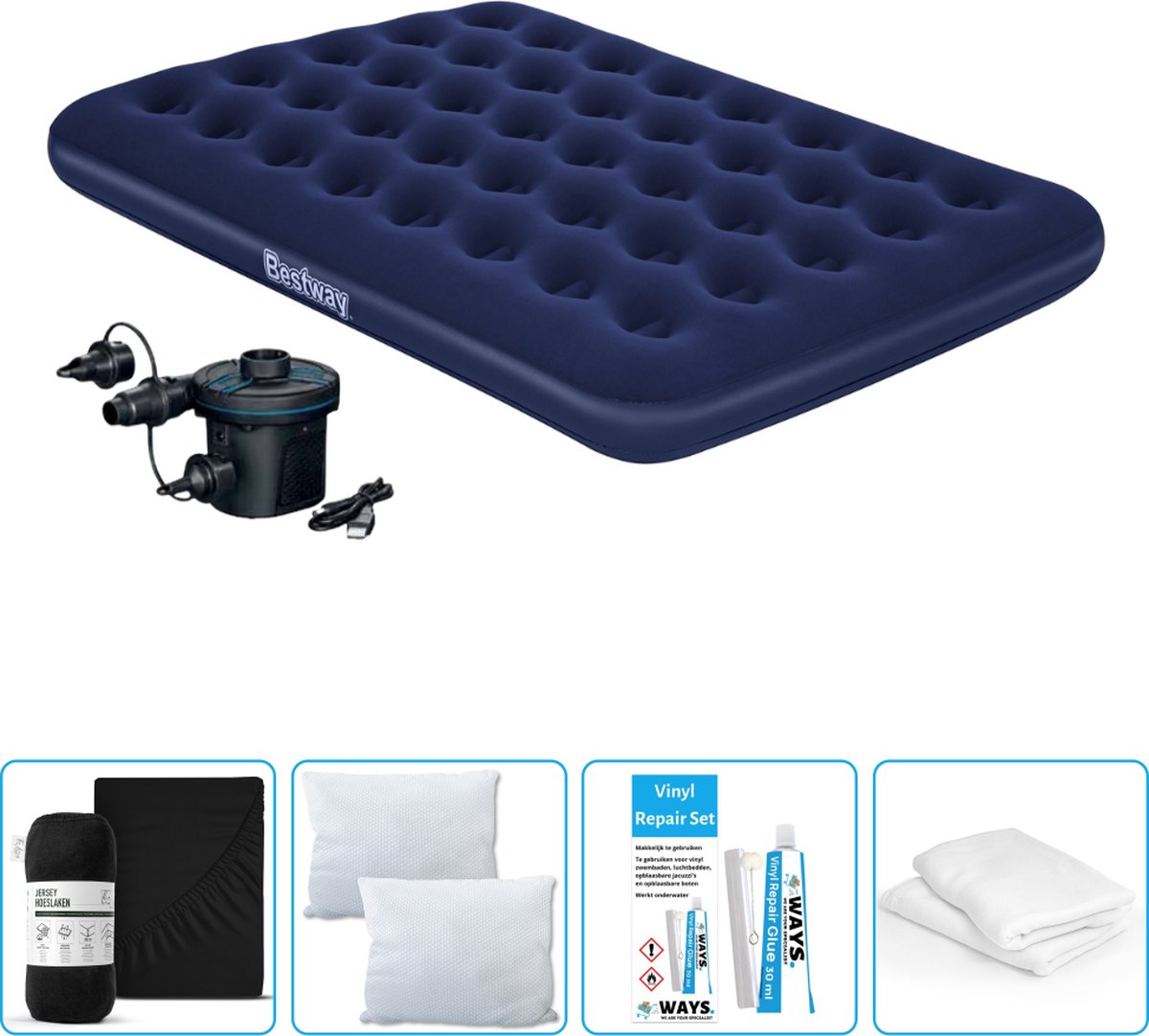 Bestway luchtbed - Twijfelaar - 137 x 191 x 22 cm - Blauw - Inclusief pomp - Hoeslaken - Kussen - Kussenbeschermer en Reparatieset